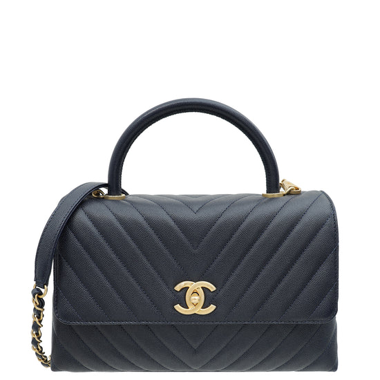 Chanel Navy Blue Chevron Coco Handle Large Bag