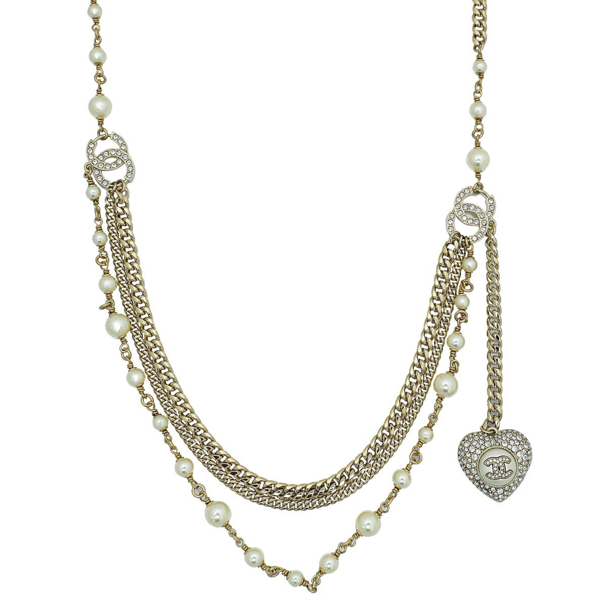 Chanel White CC Heart w/Crystal & Faux Pearl Multi Chain Belt