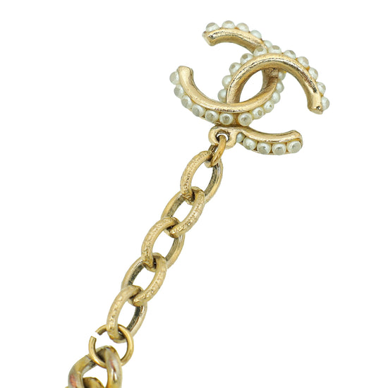 Chanel Ivory Pearl CC Drop Charm Chain Bracelet