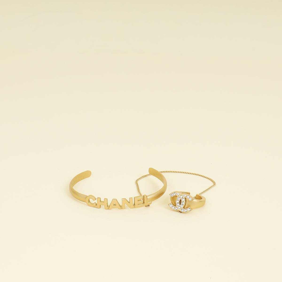 Chanel Gold CC Crystal Chain Cuff Ring Set