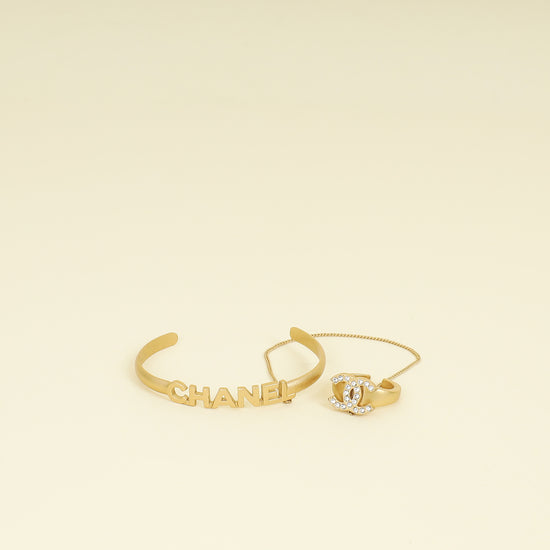 Chanel Gold CC Crystal Chain Cuff Ring Set