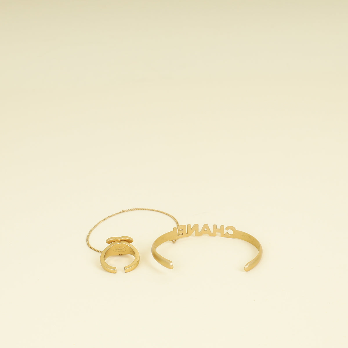 Chanel Gold CC Crystal Chain Cuff Ring Set