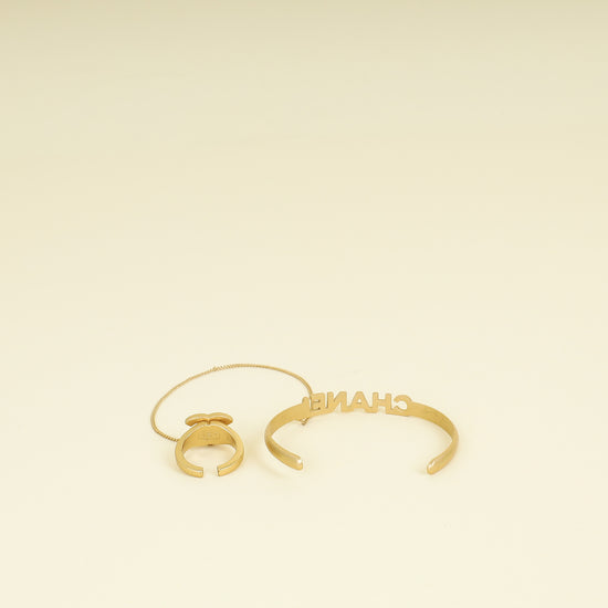 Chanel Gold CC Crystal Chain Cuff Ring Set