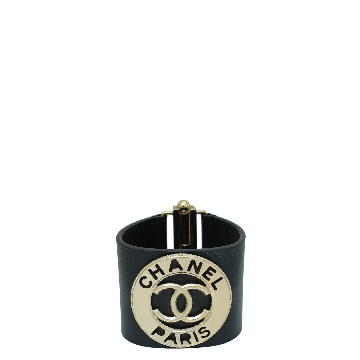 Chanel Black CC Paris Round Logo Cuff Bracelet