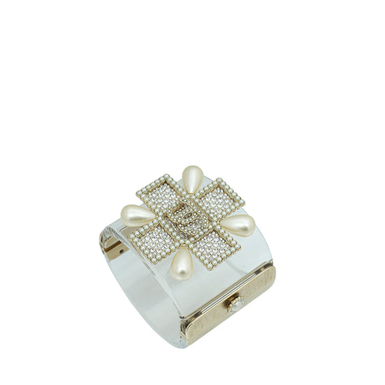 Chanel White CC Crystal Pearl Cuff Bracelet