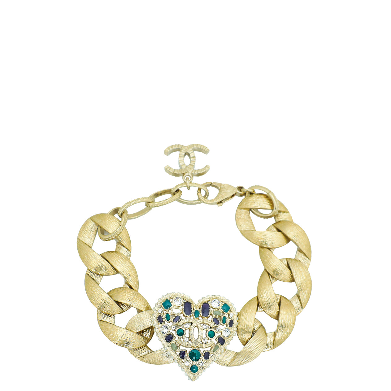 Chanel Gold CC Charm Heart Crystal Wide Chain Bracelet-Chanel-THE CLOSET