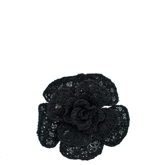 Chanel Black Embroidered CC Camellia Brooch
