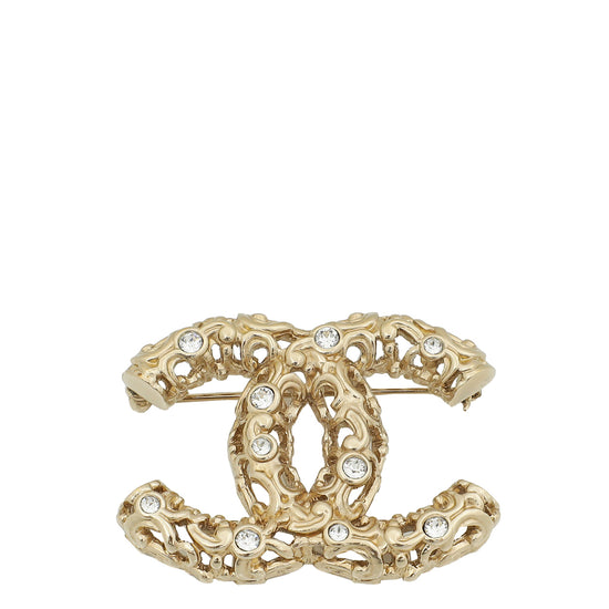 Chanel Light Gold Finish CC Crystal Brooch