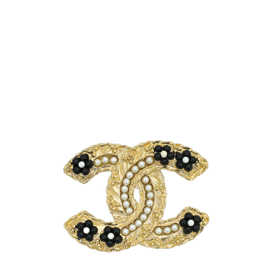 Chanel Bicolor Floral Beaded Faux Pearl CC Brooch