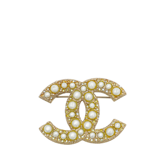 CHANEL Pearl Crystal CC Brooch Gold | FASHIONPHILE