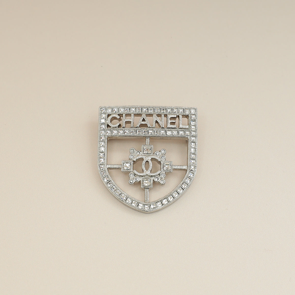 Chanel Silver Swarovski Baguette Crystal CC Shield Brooch-Chanel-THE CLOSET