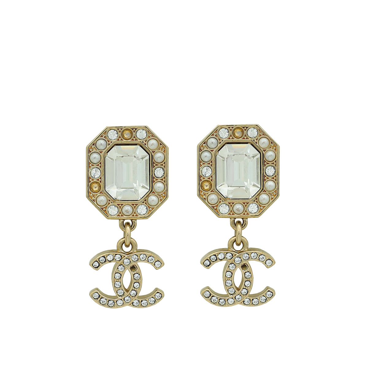 Chanel Gold Tone CC Pearl Crystal Drop Earrings