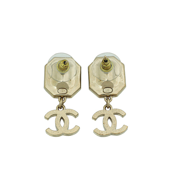 Chanel Gold Tone CC Pearl Crystal Drop Earrings