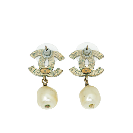 Chanel Bicolor CC Enamel Pearl Drop Earrings