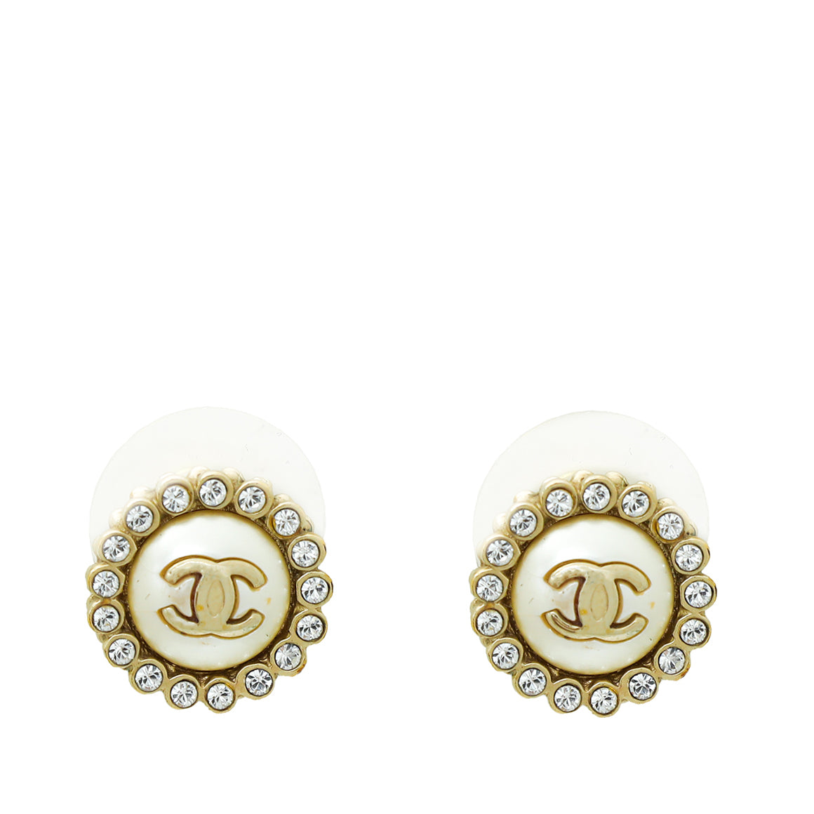 Chanel White CC Pearl Crystal Stud Earrings