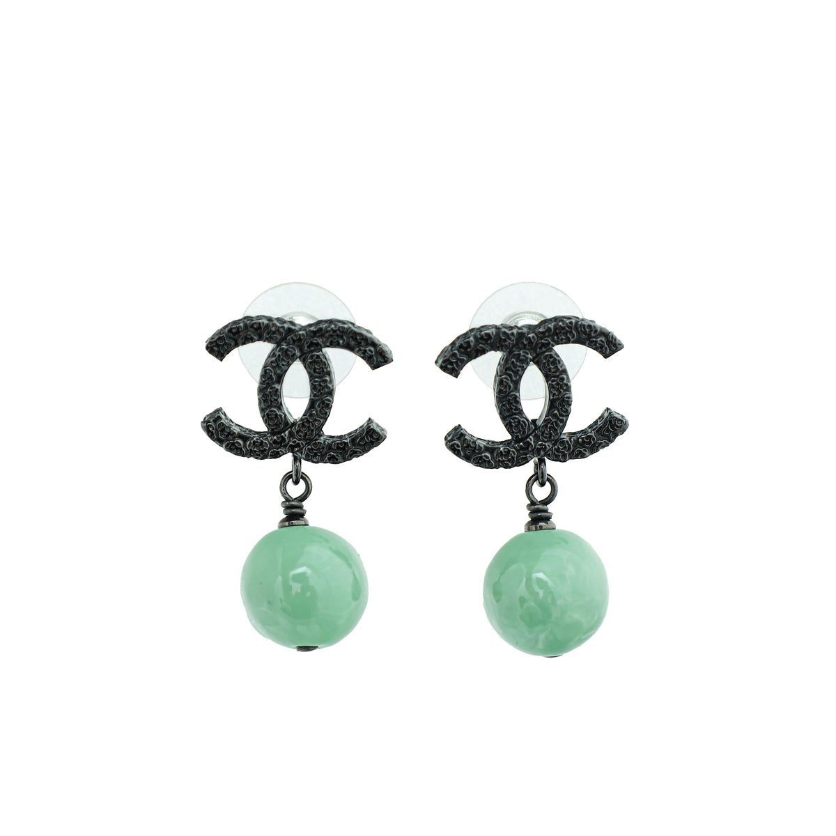 Chanel Green CC Camellia Drop Stud Earrings
