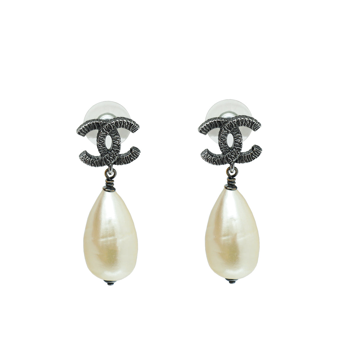 Chanel White CC Pearl Drop Earrings