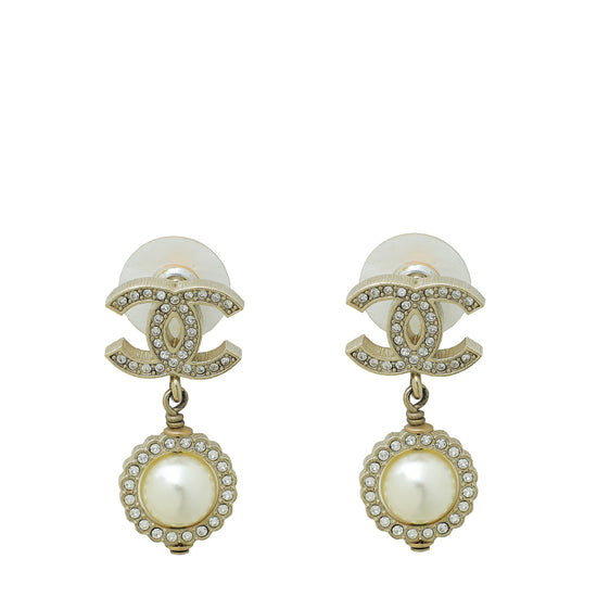 Chanel White CC Crystal Pearl Drop Earrings