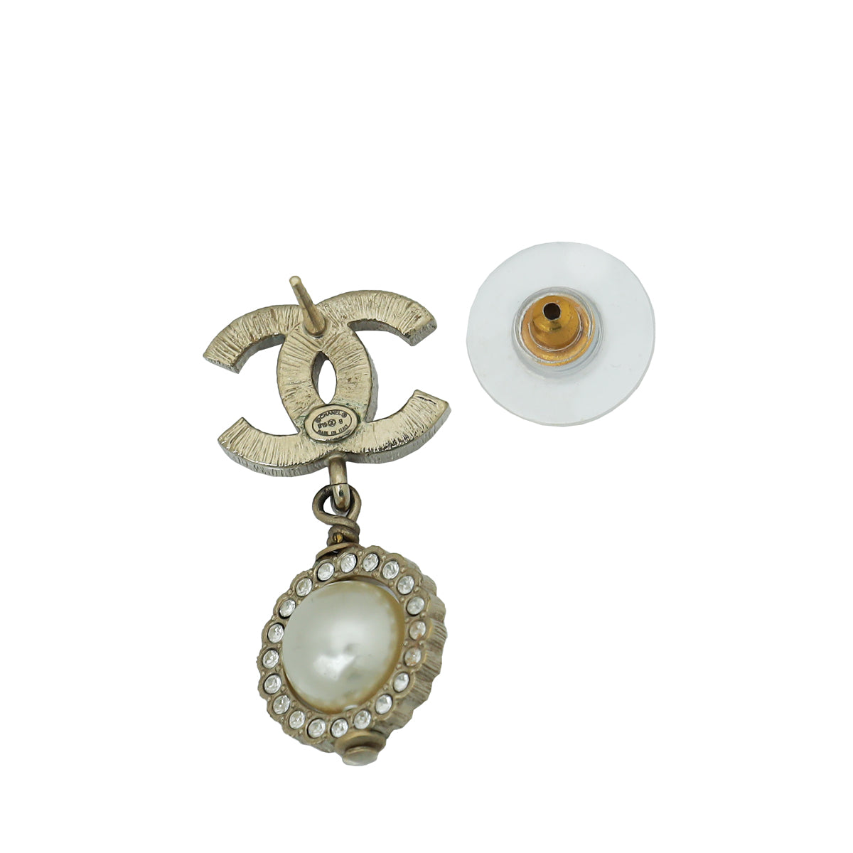 Chanel White CC Crystal Pearl Drop Earrings