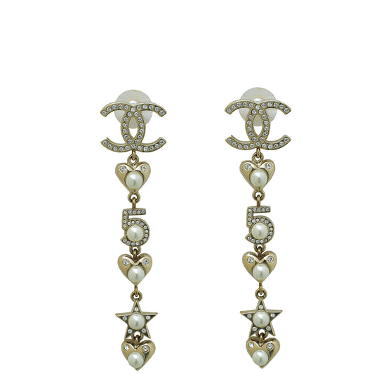 Chanel Gold CC Crystal Pearl Charming Winter Star Heart Drop Earrings