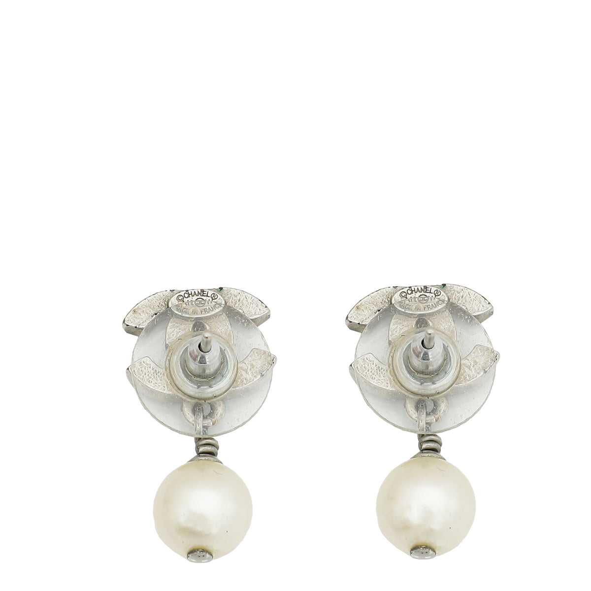 Chanel White CC Pearl Drop Small Earrings