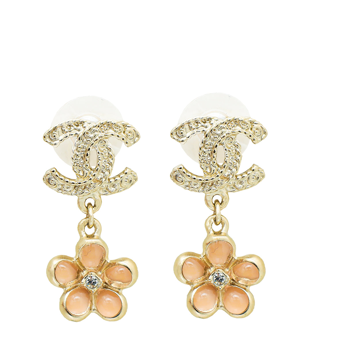 Load image into Gallery viewer, Chanel Light Gold CC Flower Drop Earrings
