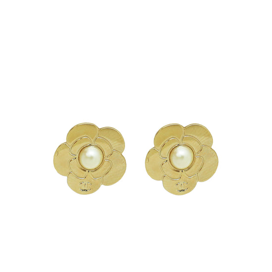 Chanel Gold CC Pearl Camellia Flower Earrings