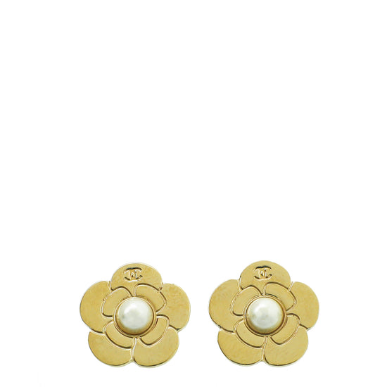 Chanel Gold CC Camellia Flower Earrings