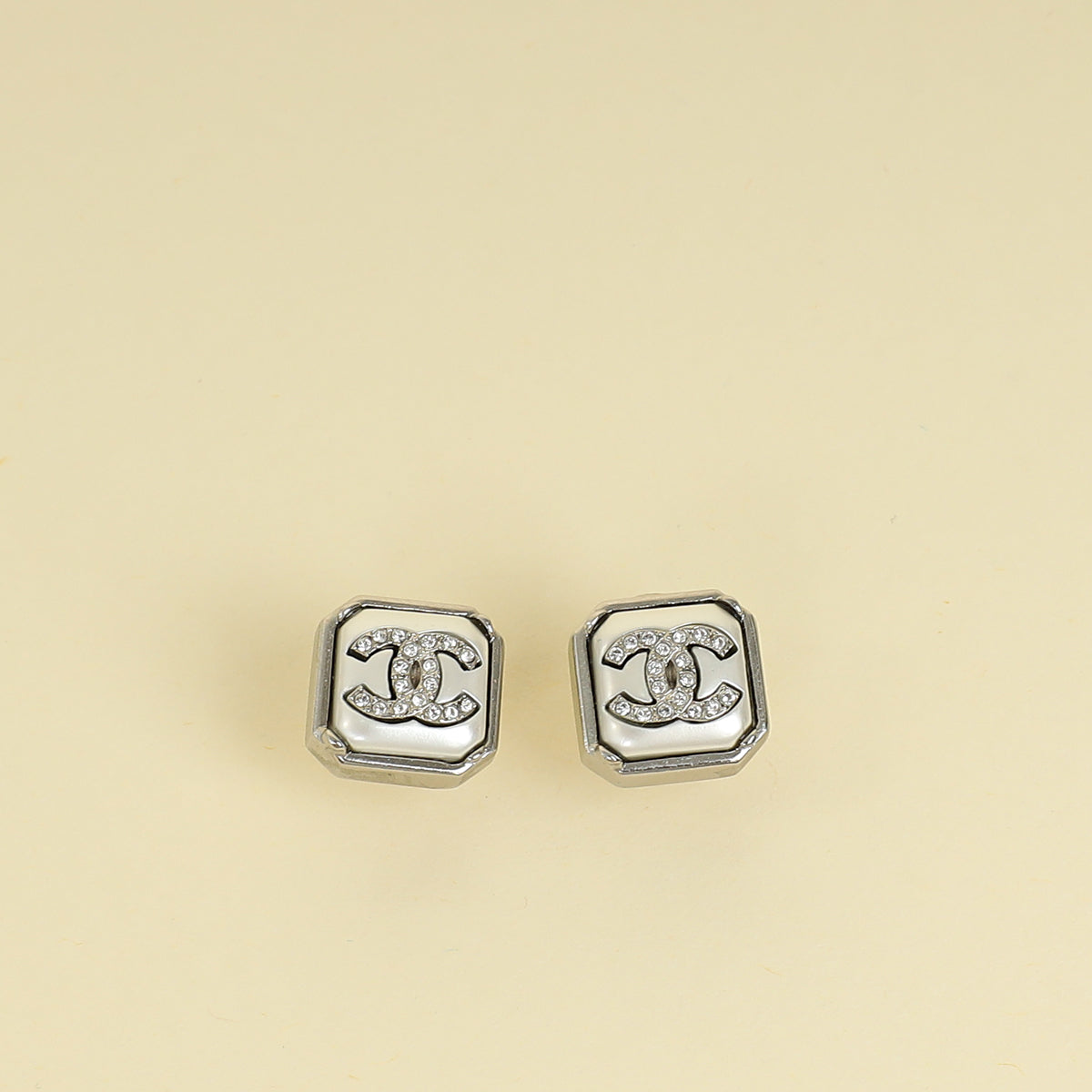 Chanel Silver CC Pearl Crystal Square Earrings