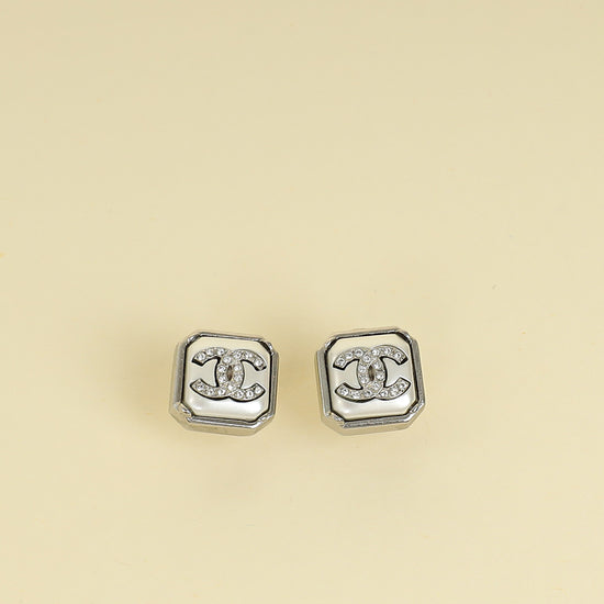 Chanel Silver CC Pearl Crystal Square Earrings