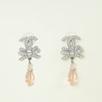 Chanel Light Pink CC Crystal Bow pear Drop Earrings