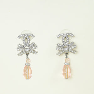 Chanel Light Pink CC Crystal Bow pear Drop Earrings