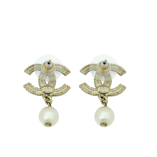 Chanel White CC Crystal Pearl Drop Earring