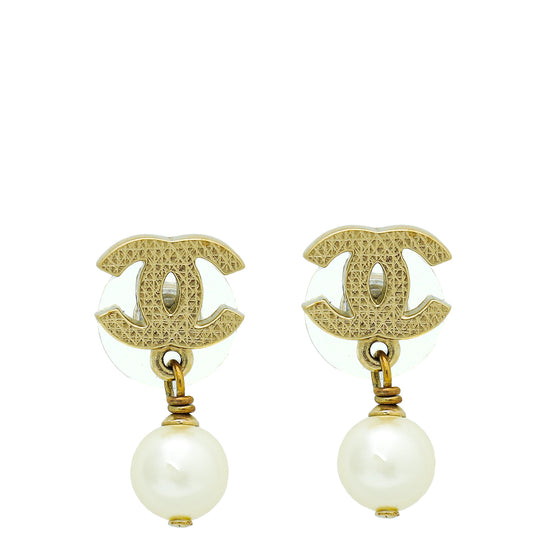 Chanel Ivory CC Faux Pearl Stud Drop Earrings