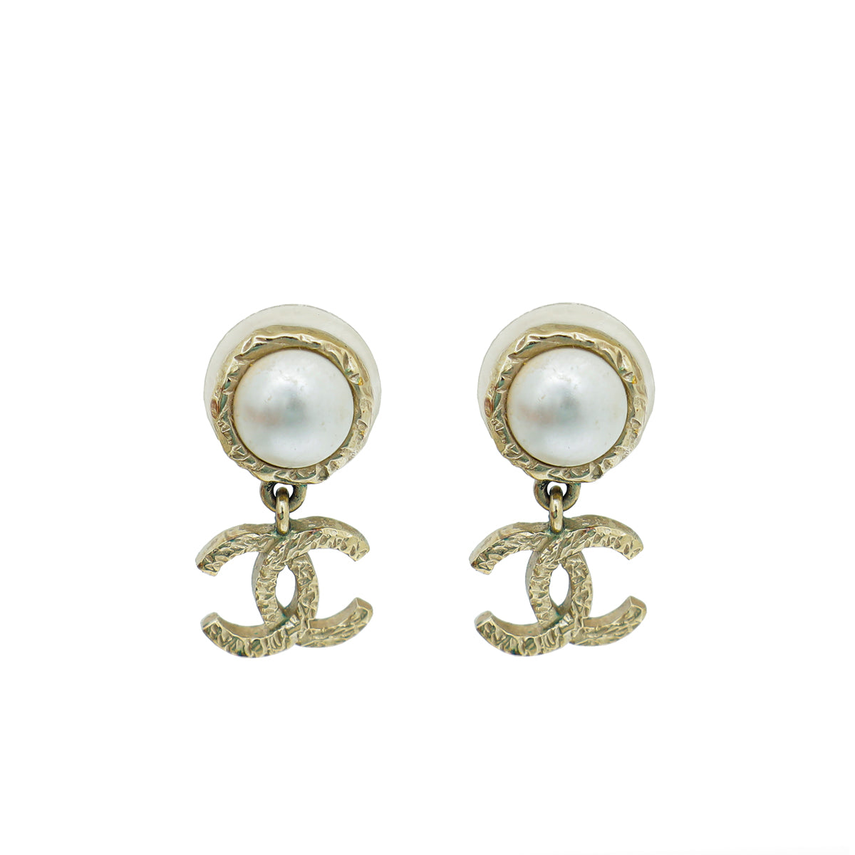 Chanel White CC Faux Pearl Drop Stud Earrings