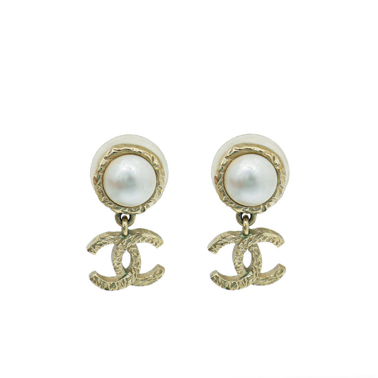 Chanel White CC Faux Pearl Drop Stud Earrings