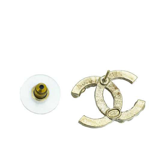 Chanel Shiny Light Gold Finish CC w/Crystal Stud Earrings
