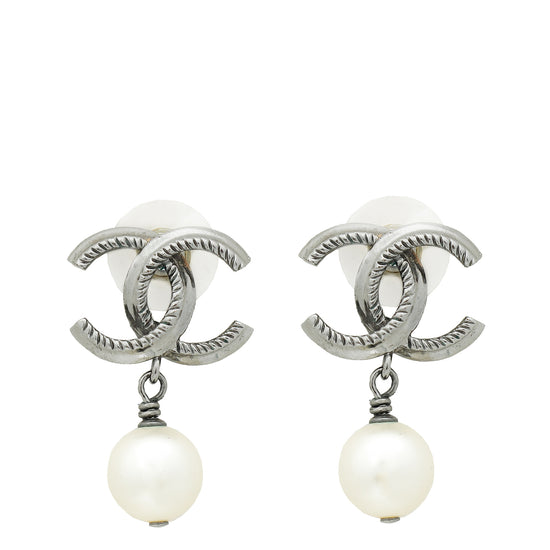 Chanel White CC Pearl Drop Earrings