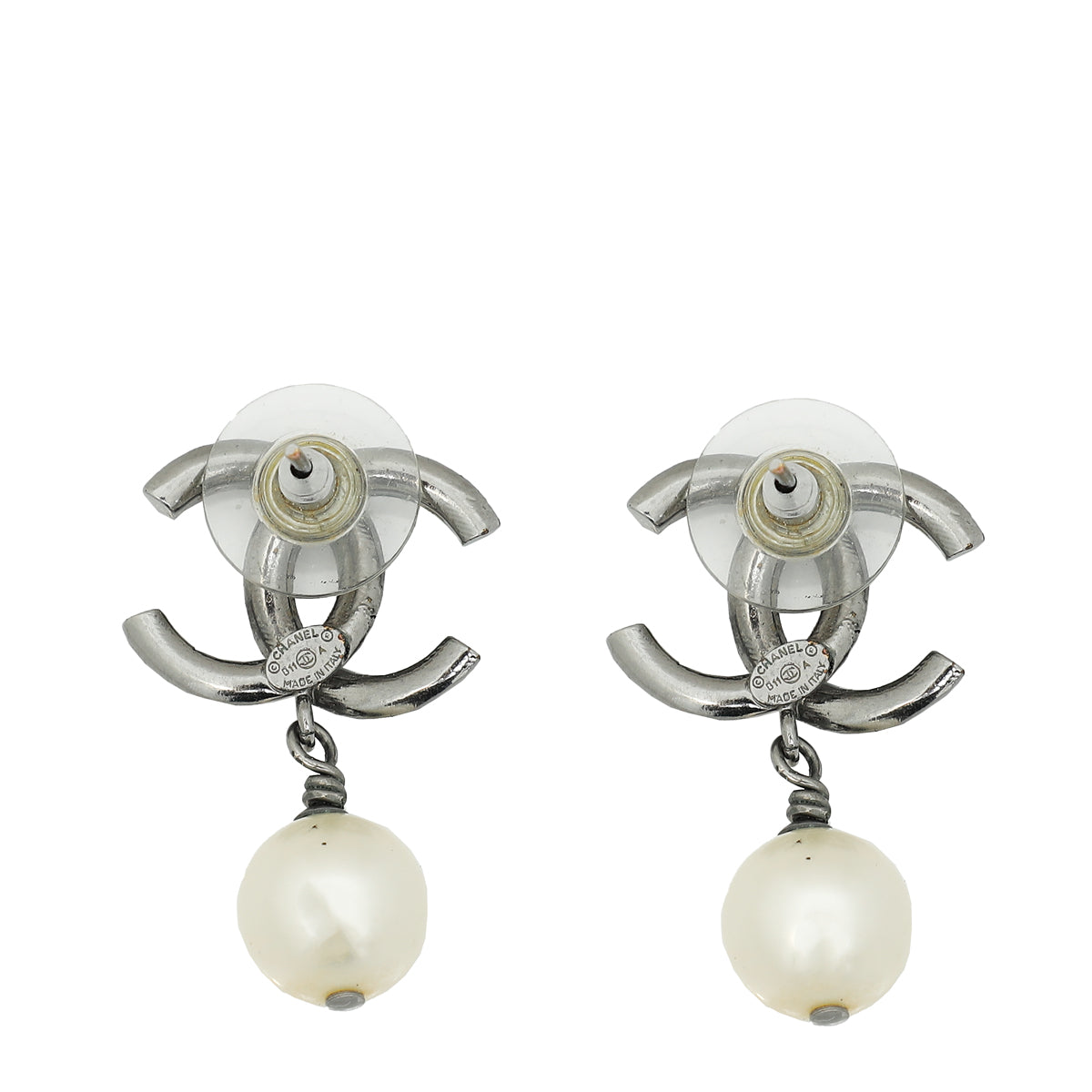 Chanel White CC Pearl Drop Earrings