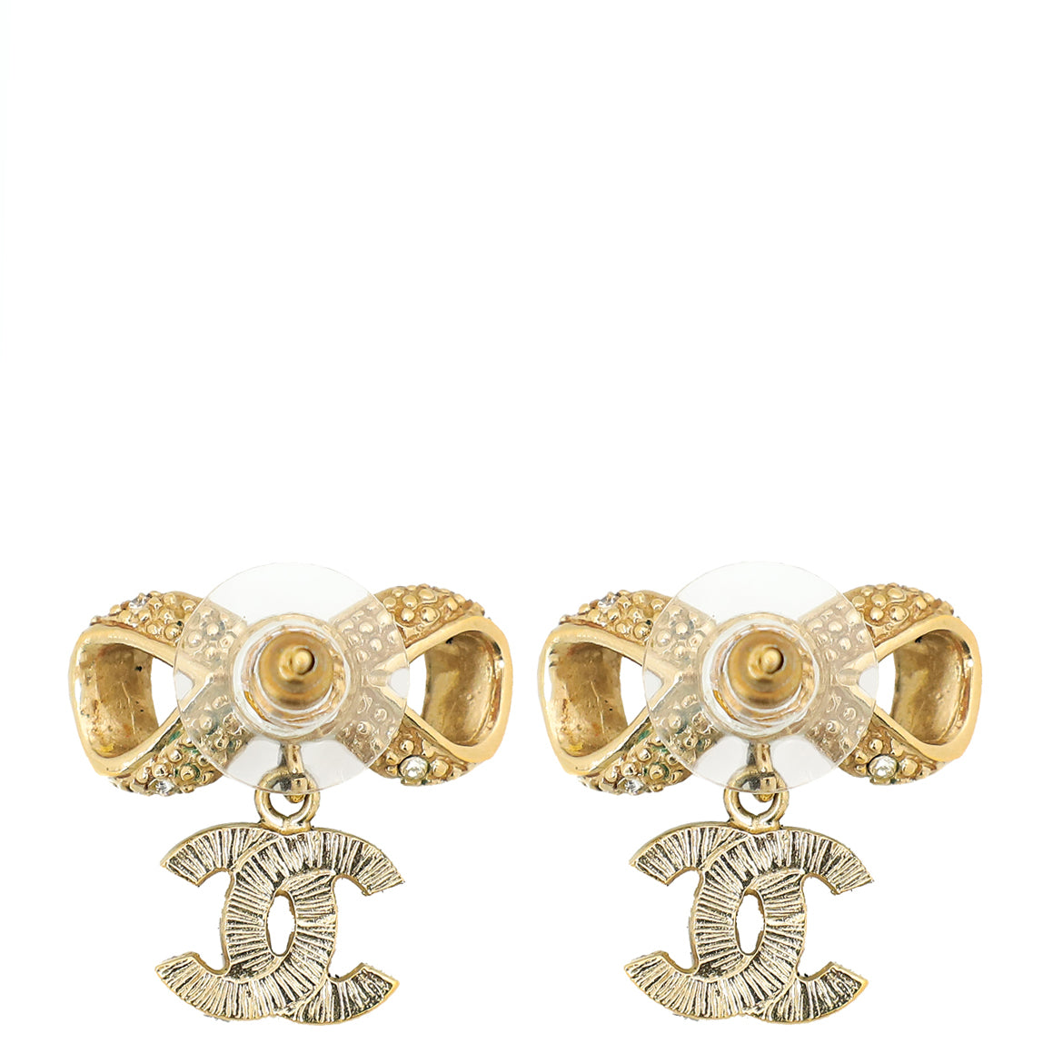 Chanel Gold Crystal CC Bow Drop Earrings-Chanel-THE CLOSET