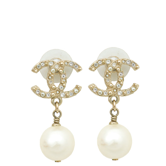 Chanel Ivory CC w/Crystal Pearl Drop Stud Earrings