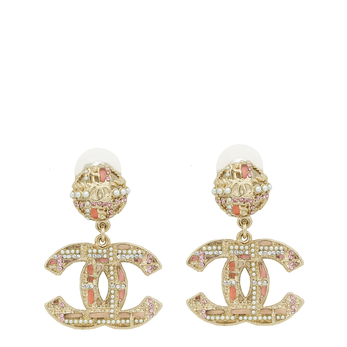 Chanel Pink CC Peads Studs Drop Earrings