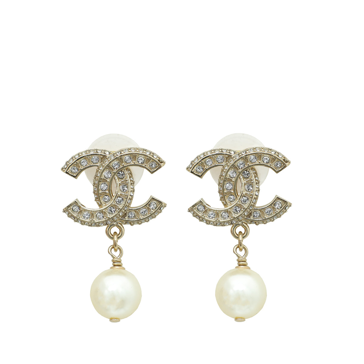 Chanel Light Gold CC Crystal Pearl Drop Earrings-Chanel-THE CLOSET