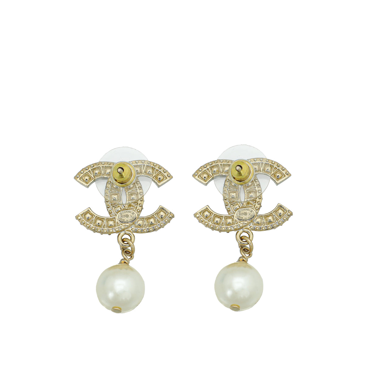 Chanel Light Gold CC Crystal Pearl Drop Earrings-Chanel-THE CLOSET