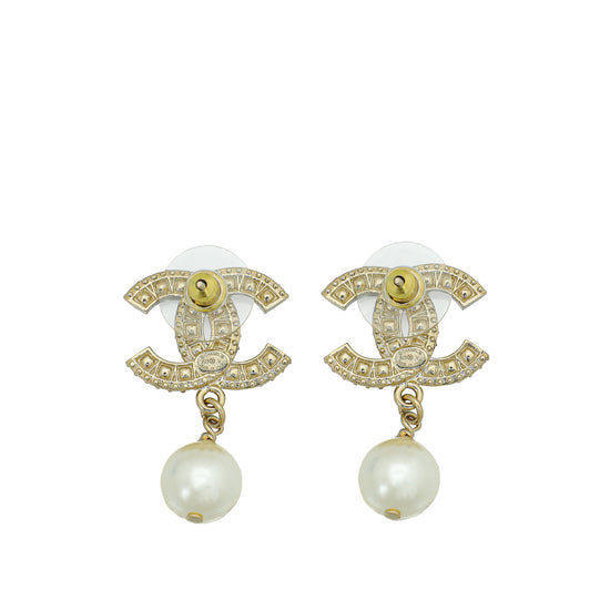 Chanel Light Gold CC Crystal Pearl Drop Earrings