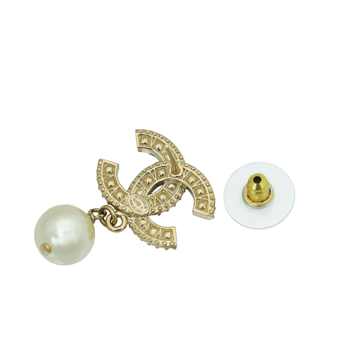 Chanel Light Gold CC Crystal Pearl Drop Earrings
