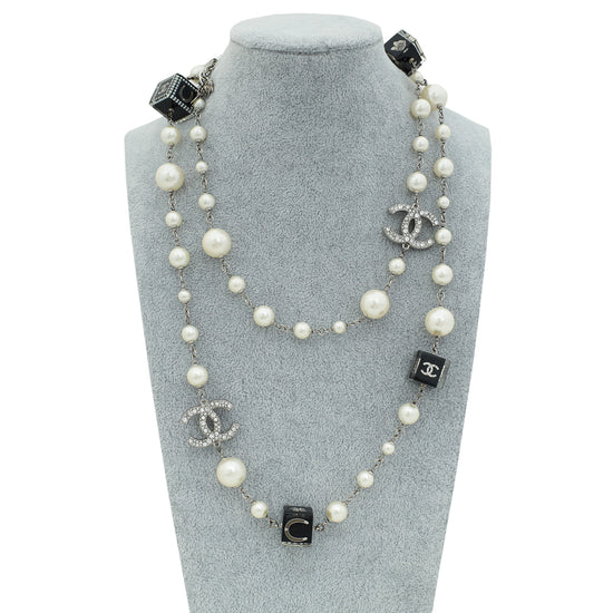 Chanel Silver CC Faux Pearl Crystal Ice Cube Necklace