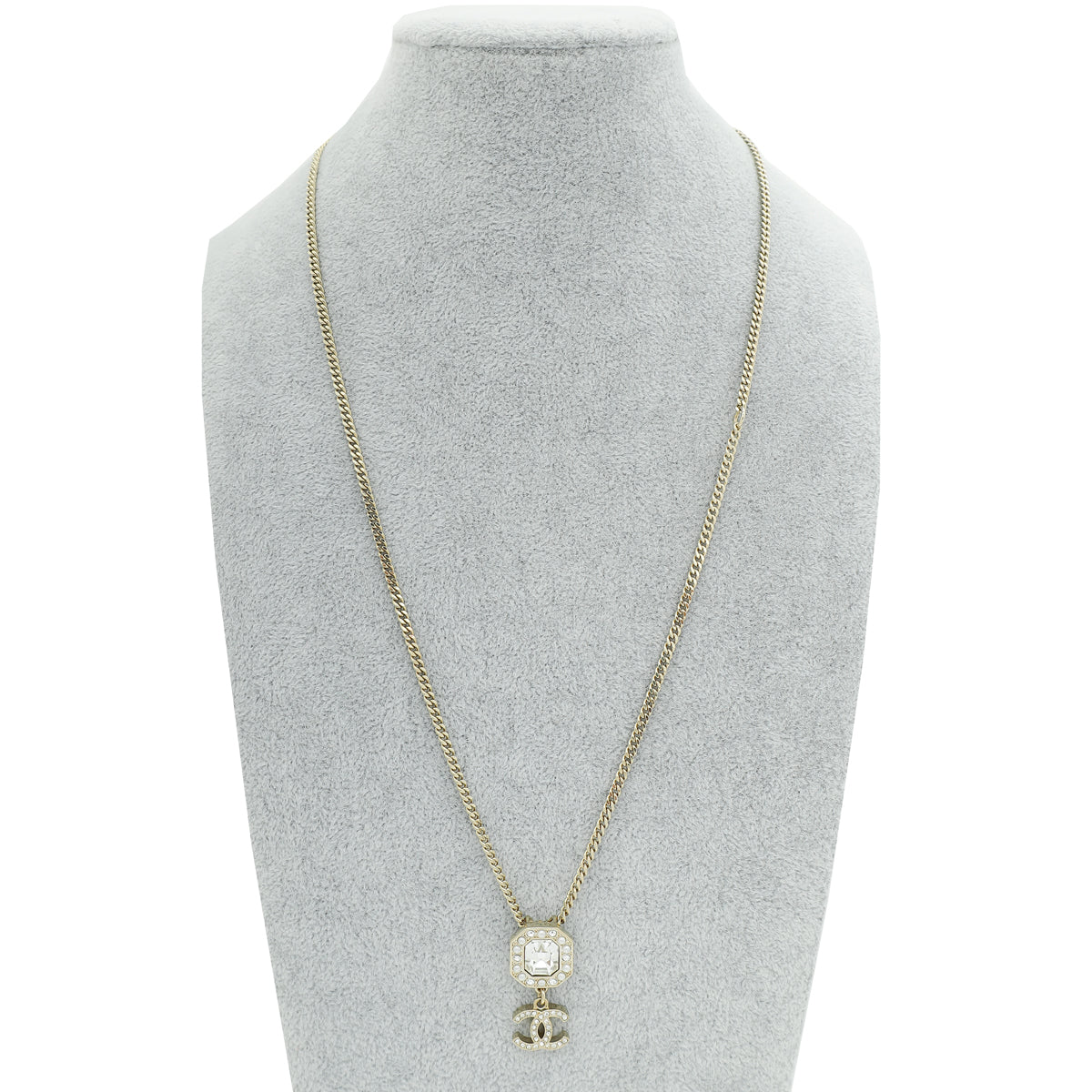Chanel Gold Tone CC Pearl Crystal Pendant Necklace