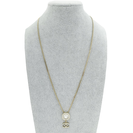Chanel Gold Tone CC Pearl Crystal Pendant Necklace