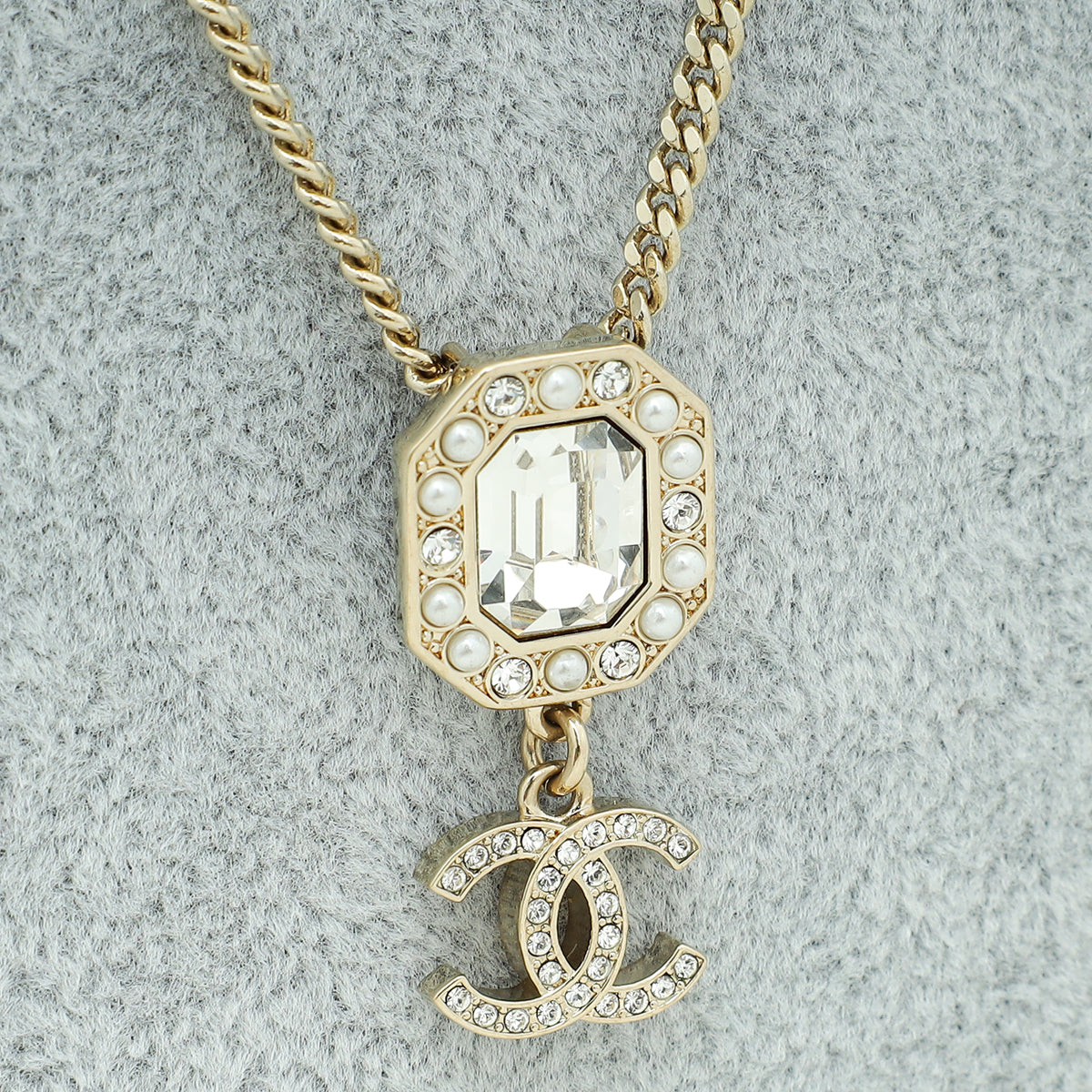 Chanel Gold Tone CC Pearl Crystal Pendant Necklace